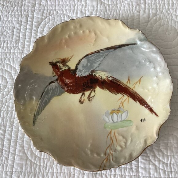 Limoges Hand-Painted Decorative Porcelain Plate Flying Bird & Flower Scalloped E - Picture 12 of 12